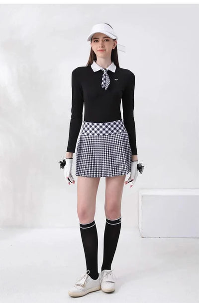 Women's Golfwear for  Slim-Fit Long-Sleeve Top with Polo Collar and Bow Tie, High-End Golf Hundred-Pleat Skirt Suit