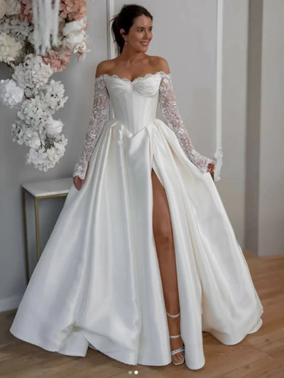 Jessica Sequined Long Sleeves Embroidery Evening Dresses White Prom Dresses Gorgeous Satin Lady Wedding Party Dress Customized