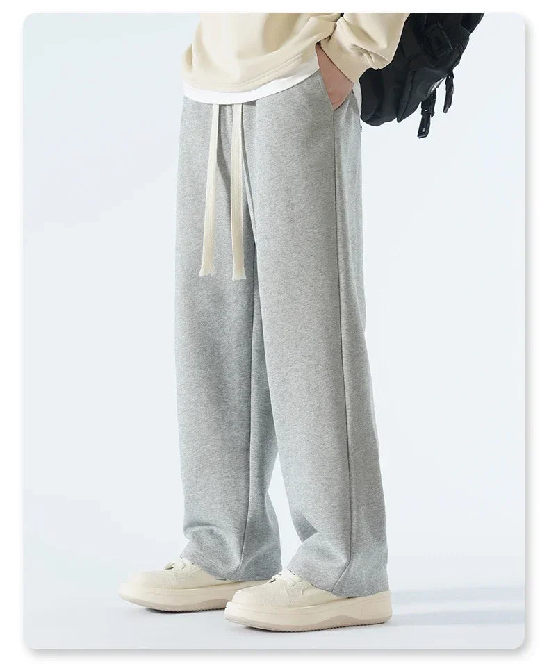 New Men's Casual Pants Wide Leg Straight 65% Cotton Fabric Outdoor Sweatpants Neutral High-quality Soft Long Baggy Trousers