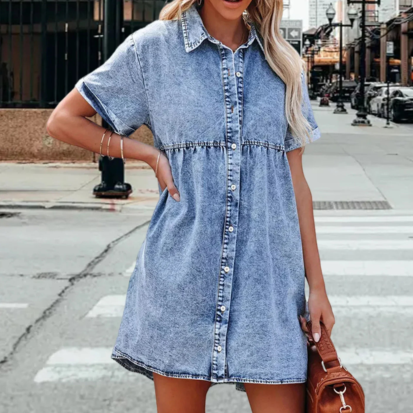 Women Babydoll Dress Stylish Women's A-line Denim Mini Dress with Short Sleeves Button-down Detail for Dating Commuting Parties