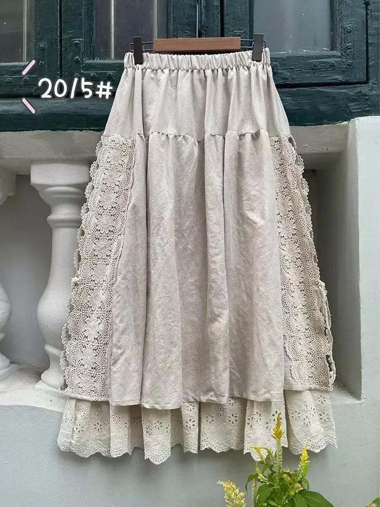 Vintage chic embroidery linen cotton long skirts women summer elastic high waist pleated maxi skirt female elegant