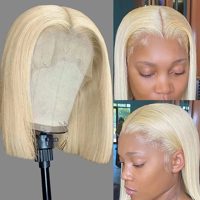 Blonde Bob Wig Human Hair Pre Plucked with Baby Hair Straight 613 Bob Wig Human Hair 180% Density 13x4 HD Transparent Lace Wigs