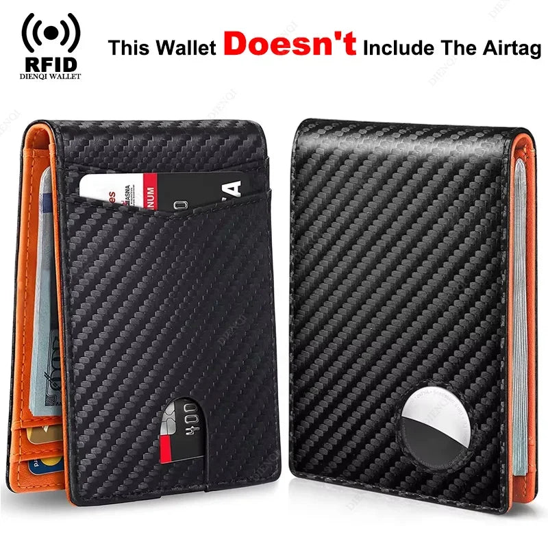 Slim black carbon fiber RFID blocking card holder wallet with synthetic leather orange accents