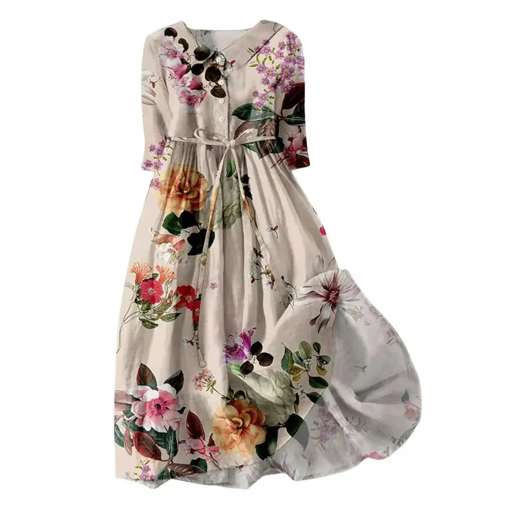 A-line Dress Bohemian Floral Print Midi Dress with Lace-up Detail A-line Silhouette for Women Spring Fashion Statement Women