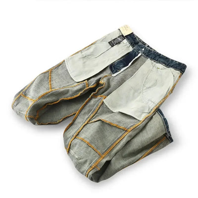 High-end 2022 Retro Motorcycle Jeans Men Spring Autumn Loose Zipper Designer Straight Pants Stitching Tooling Cargo Pants Men