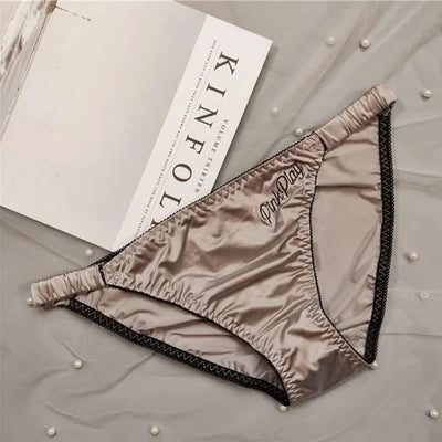 Sexy Girl Thongs Women Glossy Underwear Panty Low Waist Solid Color Satin Fabric Briefs Embroidery Fitness Sports Underpants
