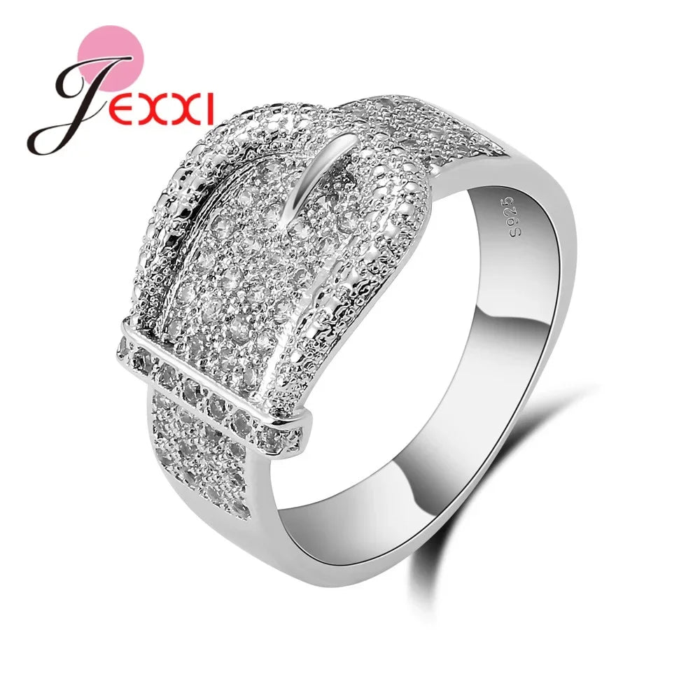 925 Sterling Silver Jewelry Fashion Shiny Belt Ring Women Delicate Full Austrian White Crystal Inlay Paved Bijoux