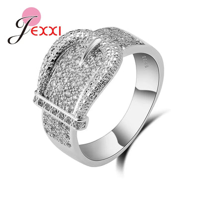 925 Sterling Silver Jewelry Fashion Shiny Belt Ring Women Delicate Full Austrian White Crystal Inlay Paved Bijoux