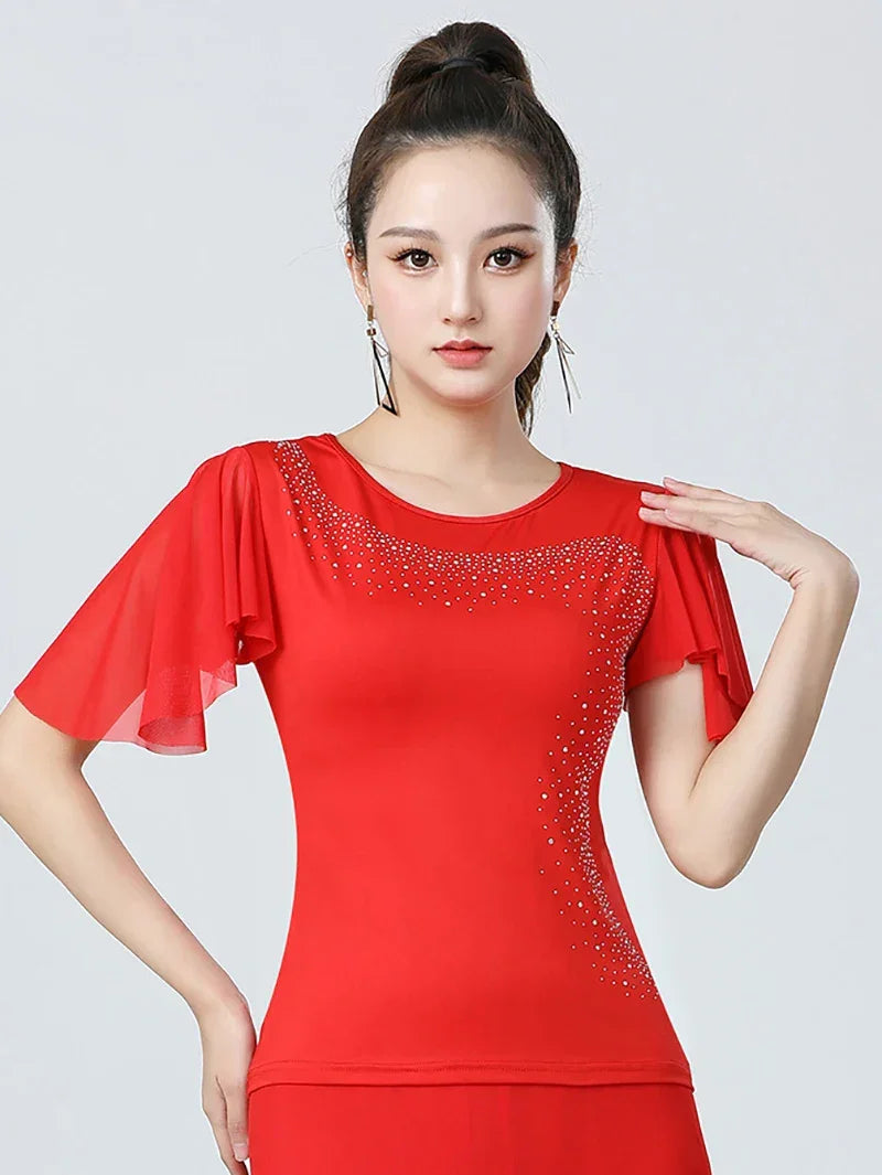 Adult Women Modern Dance Dress Social Dancewear Short Sleeve Mesh Fairy Top Large Swing Skirt Performance Dancing Costume