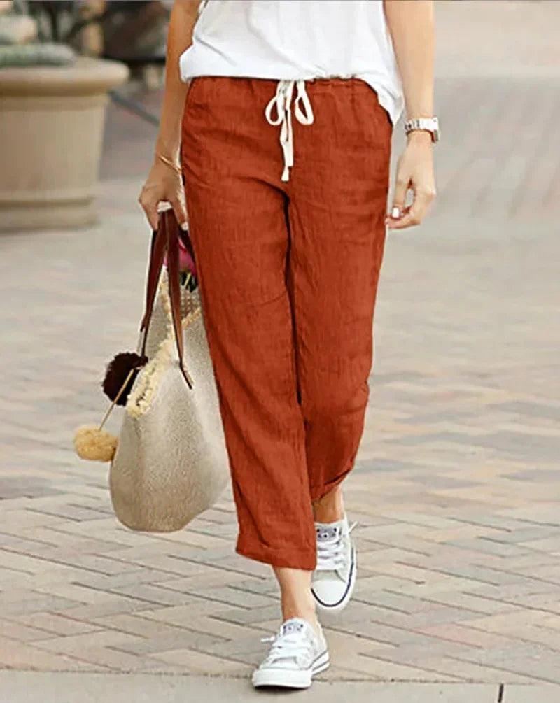 Cotton linen trousers for women solid color elastic waist casual pants drawstring loose autumn new female