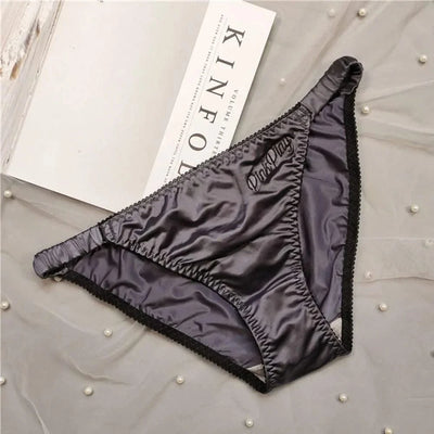Sexy Girl Thongs Women Glossy Underwear Panty Low Waist Solid Color Satin Fabric Briefs Embroidery Fitness Sports Underpants