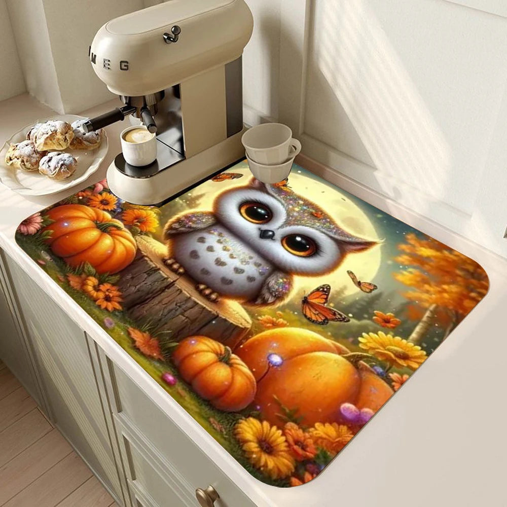 Autumn Thanksgiving Day  Dish Drying Mat Soft Rubber Non-Slip Absorbent Stain-Resistant for Kitchen Coffee Bar Countertops