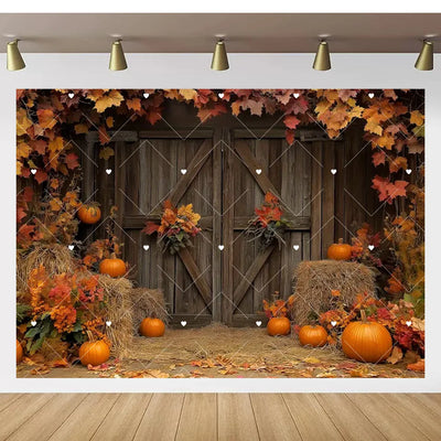 Autumn Thanksgiving Party Photo Backdrop Farm Harvest Maple Leaves Sunflowers Scarecrow Pumpkin Backdrop Poster Studio Photozone
