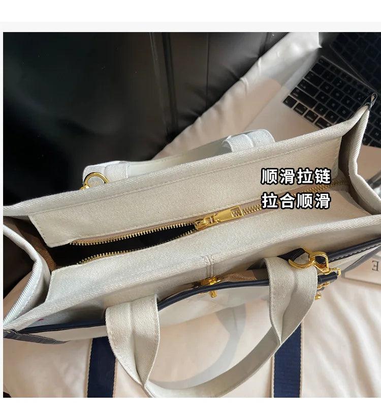 Designer colorblock canvas tote - oversized denim shoulder bag for women stylish work & casual crossbody purse