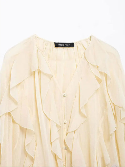 Women's Casual Ruffled Shirt Loose Lace Up Hollow Out V Neck Tops 2025 Spring Blouses Women Clothes