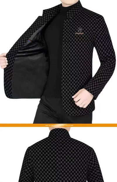 High Quality Men's Blazers Business Casual Stand Collar Woolen Jacket Classic Plaid Retro Versatile Tops Streetwear Coats