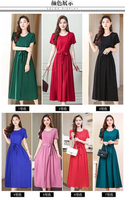 New Fashion Summer Dresses For Women 2025 Elegant Casual Short Sleeve Midi Dress Soild Colour Women Clothing