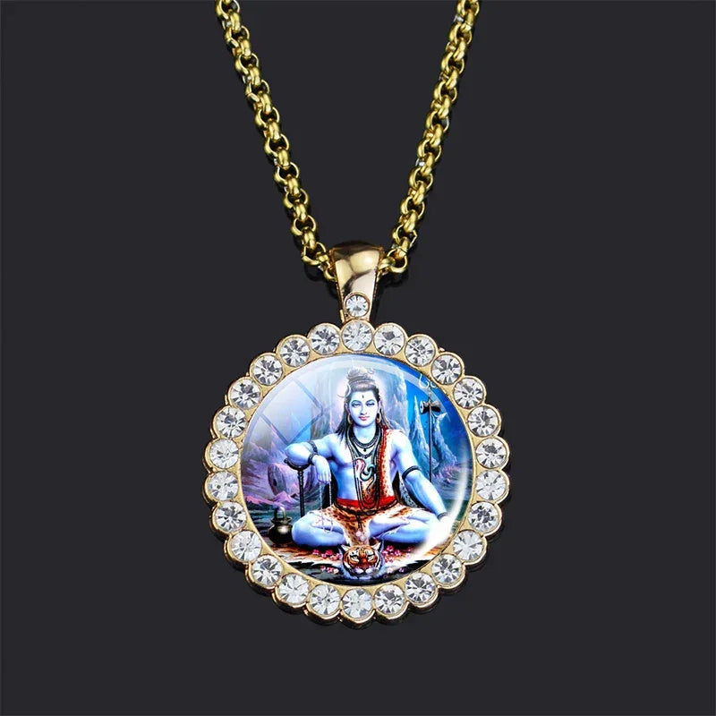 Shiva Parvati Necklace Hindu God Jewelry Vishnu Lakshmi Glass Rhinestone Pendant Chain Necklace Hinduism Jewelry