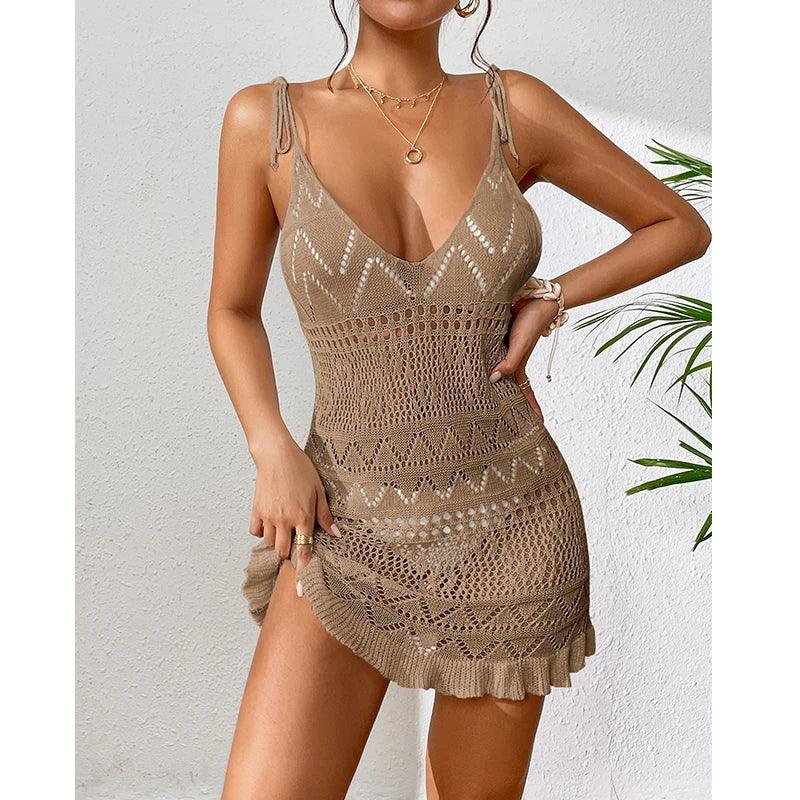 Women Sexy Knitted Halter Tight Cover Ups 2024 Summer Hollow See Through Beach Dress Short Skirt Sunscreen Solid Cover Up