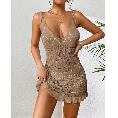 Women Sexy Knitted Halter Tight Cover Ups 2024 Summer Hollow See Through Beach Dress Short Skirt Sunscreen Solid Cover Up