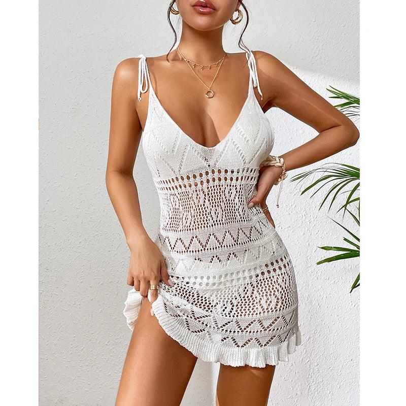 Women Sexy Knitted Halter Tight Cover Ups 2024 Summer Hollow See Through Beach Dress Short Skirt Sunscreen Solid Cover Up
