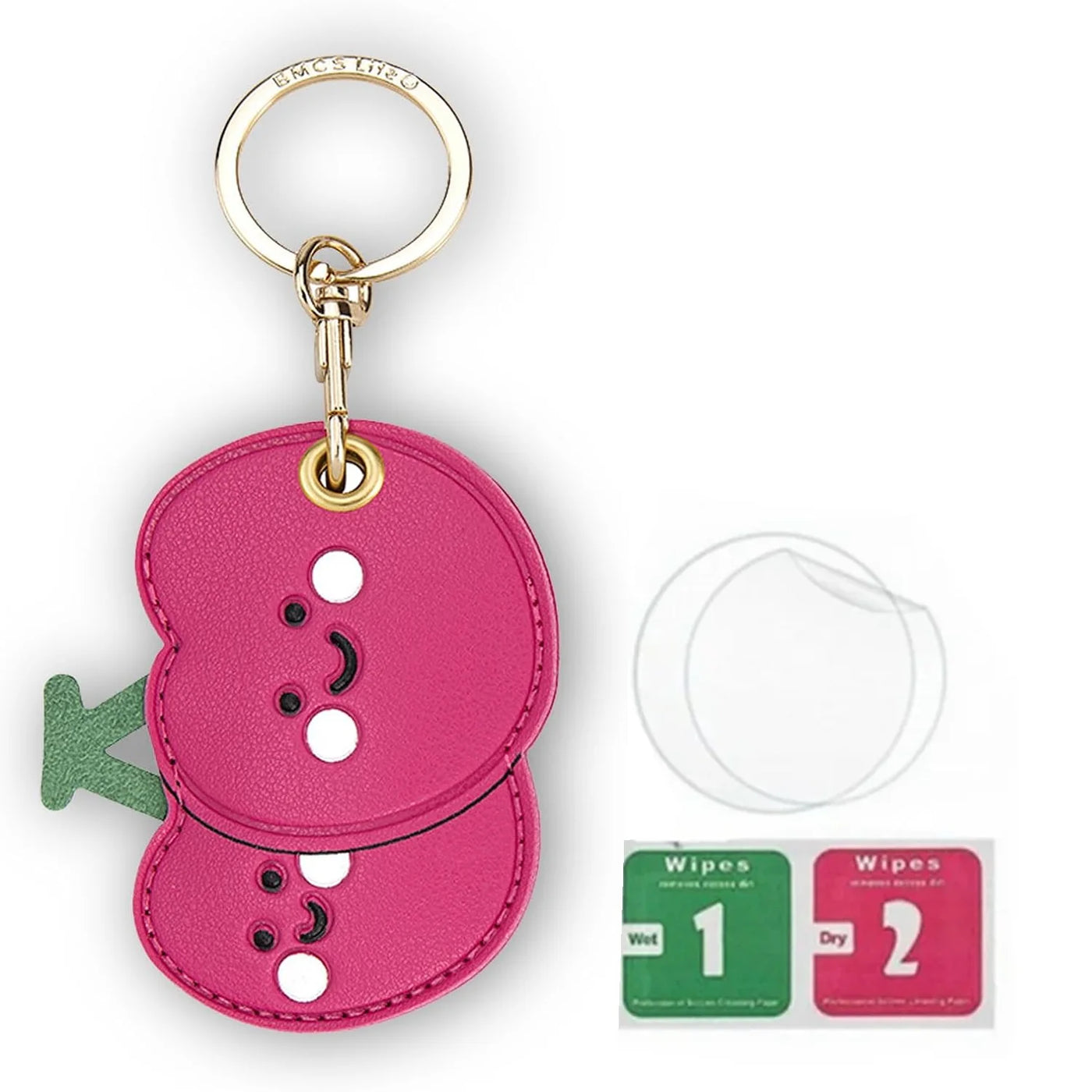 Pink leather snowman keychain with green scarf, black buttons, and hand straps for AirTag