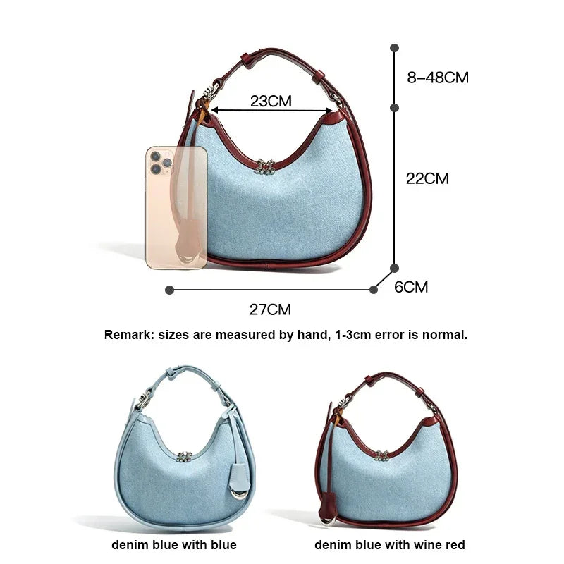 2024 New Women Bag Lady Fashion Half Moon Underarm Shoulder Bag Messenger Female Summer Soft Lightweight Denim Fabric Handbag