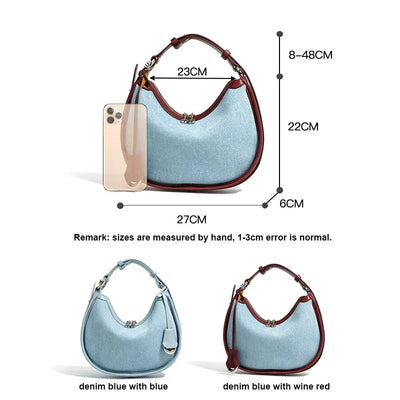 2024 New Women Bag Lady Fashion Half Moon Underarm Shoulder Bag Messenger Female Summer Soft Lightweight Denim Fabric Handbag
