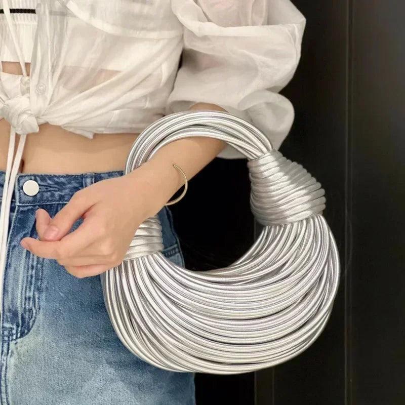 Handbags for women 2024 new gold luxury designer brand handwoven noodle bags rope knotted pulled hobo silver evening