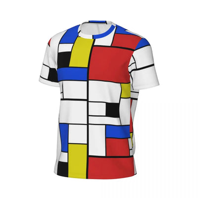 Gym T Shirt For Men Mondrian Line T-Shirts Trendy Cool Colorful Plaid Summer Tees O Neck Y2K Retro Graphic Clothing Gift Idea