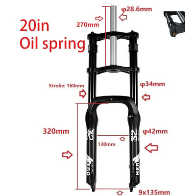 Snow Bike Mechanical Front Fork, 20 ",26",Aluminum Alloy Shoulder Fork,160mm Stroke,Hydraulic Lock,Shock Absorber,4.0 Tire Bike
