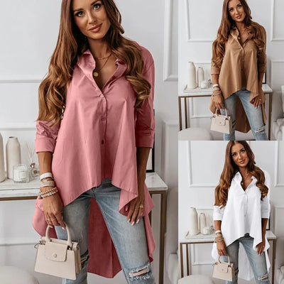 Casual Shirts Women Vintage Long Shirts Fashion Asymmetrical Front Short Back Long Blouse Autumn Long Sleeve Casual Blouse