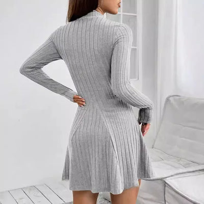 Knitted Dresses Women Basics Pleated Dress Half High Collar Full Sleeve Solid Short Vestidos Knitting A Line Office Lady 2025