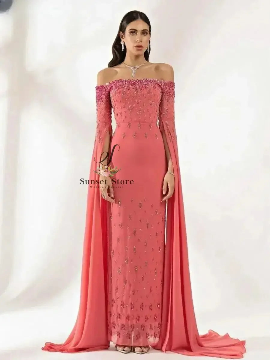Customized Vestidos De Noche Bateau Neck Elegant Evening Dresses for Women Luxury Bead Sequins Celebrity Party Long Sleeves Prom