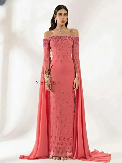 Customized Vestidos De Noche Bateau Neck Elegant Evening Dresses for Women Luxury Bead Sequins Celebrity Party Long Sleeves Prom