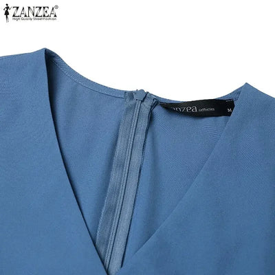 Summer Women Elegant OL Work Sundress V Nek Party Dress 2024 ZANZEA Fashion Short Sleeve Robe Femme Solid Pleated Midi Vestidos