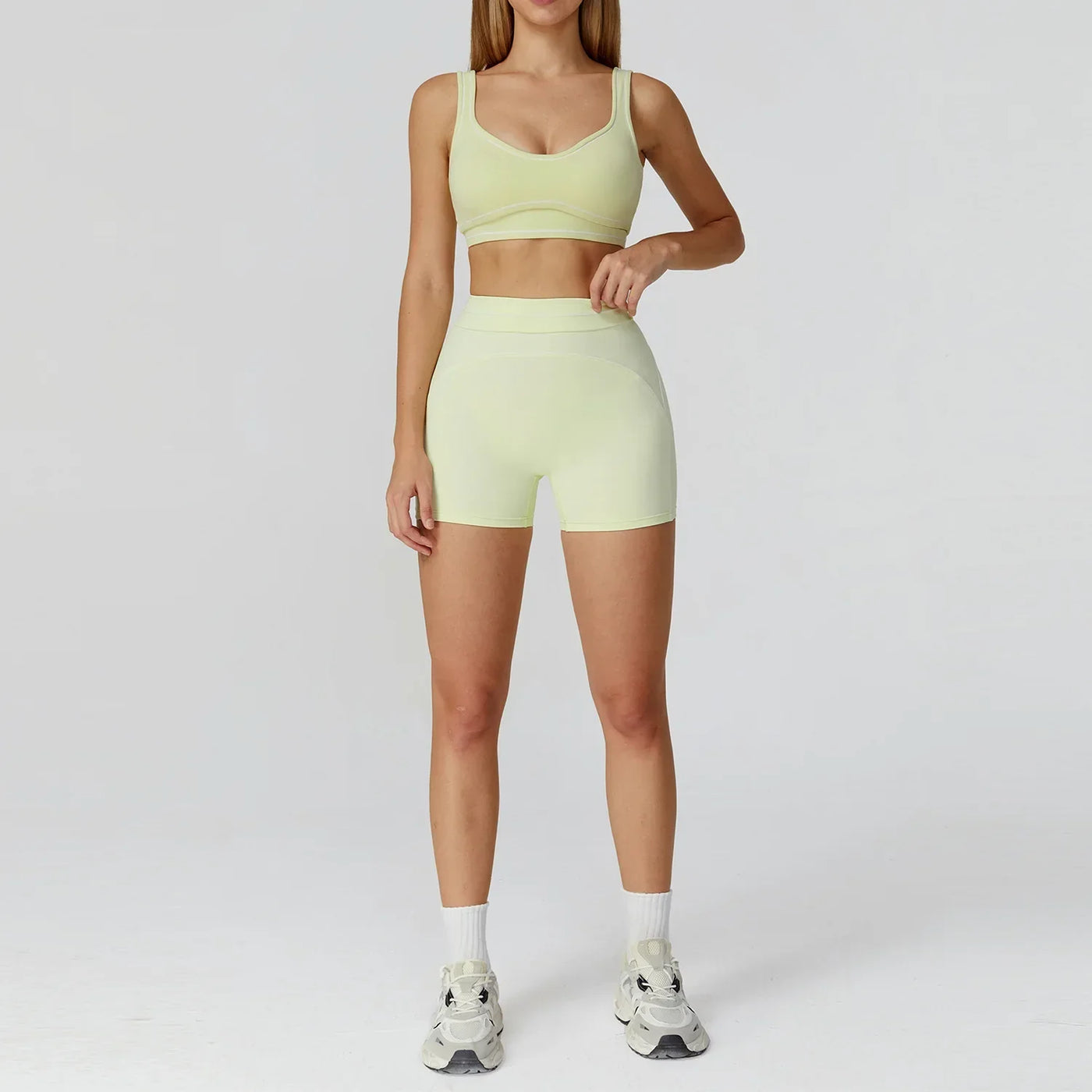 Hearuisavy 2Pcs Women Tracksuit Double Shoulder Straps U-Back Sports Bra High Waist Yoga Leggings Cycling Running Fitness Shorts