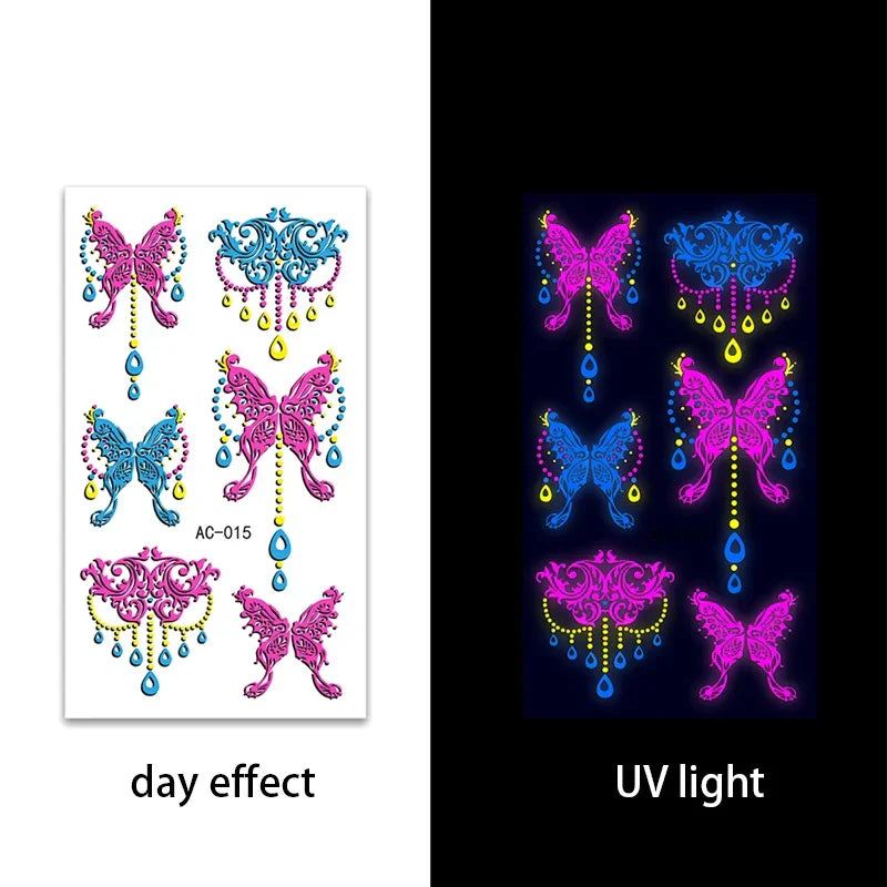 Temporary Fluorescent Tattoos Flower Feather Animals Pattern Body Arm Leg Face Stickers Night Bar Party Music Festival