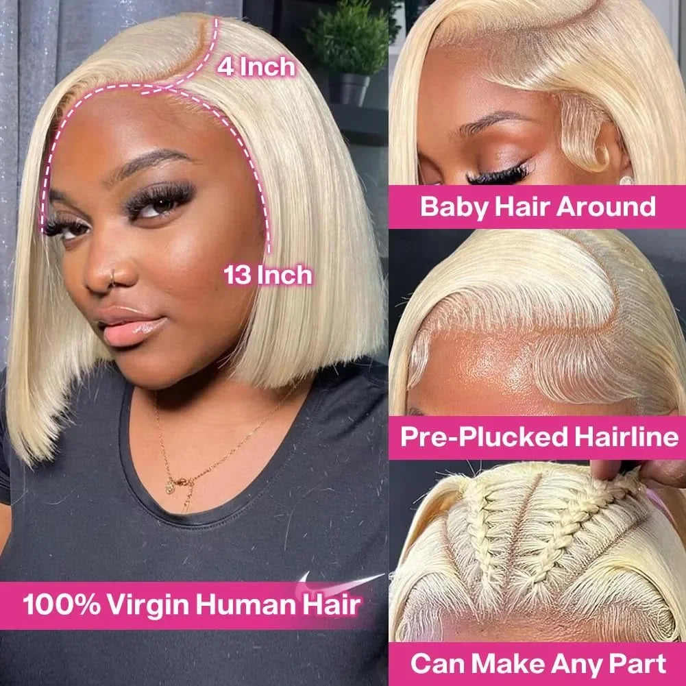 Blonde Bob Wig Human Hair Pre Plucked with Baby Hair Straight 613 Bob Wig Human Hair 180% Density 13x4 HD Transparent Lace Wigs