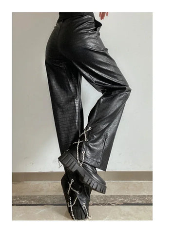 Lautaro Autumn Long Black Crocodile Texture Leather Pants Women Zipper High Waist Y2k Clothes Streetwear Women Trousers 2022