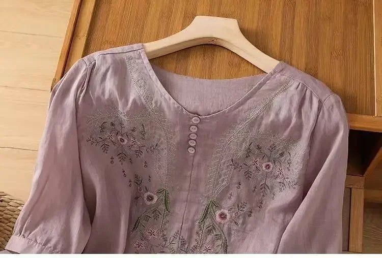 Linen V-neck EmbroideryTop For Women