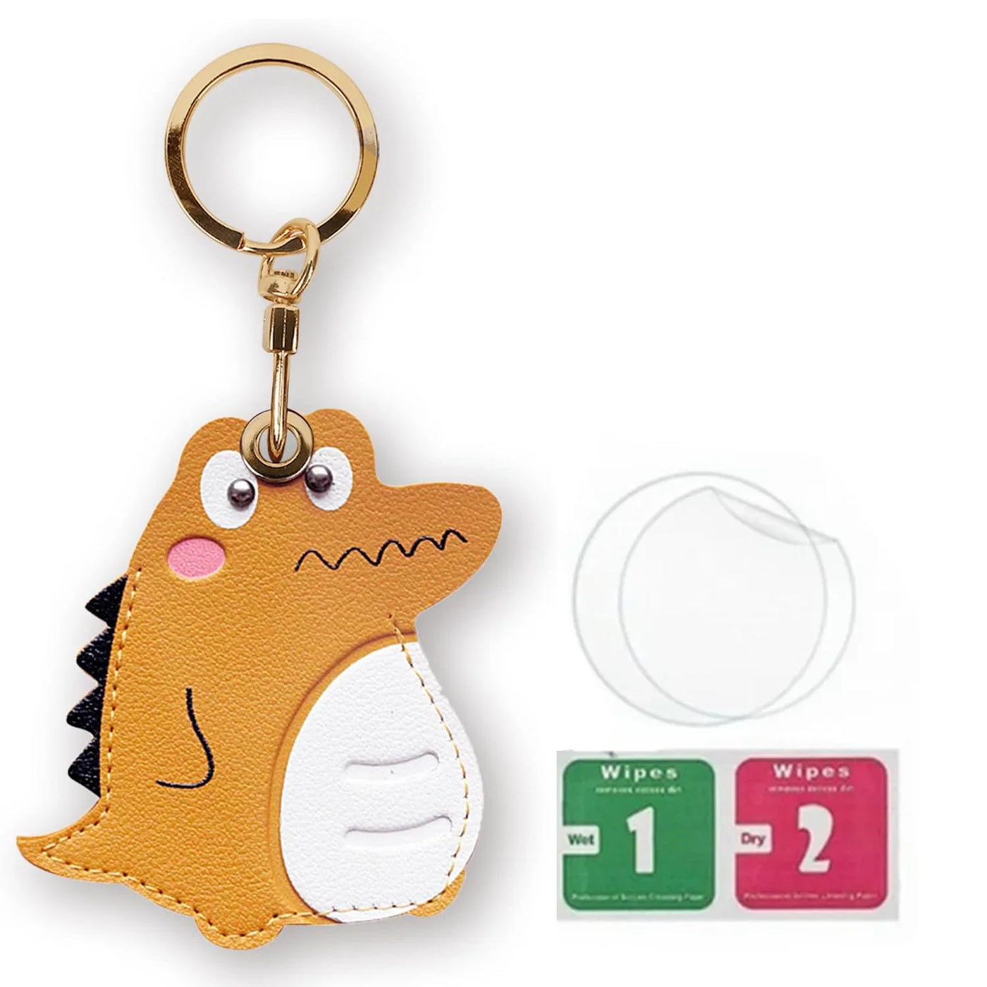 Dinosaur AirTag leather keychain holder with gold hardware and hand straps
