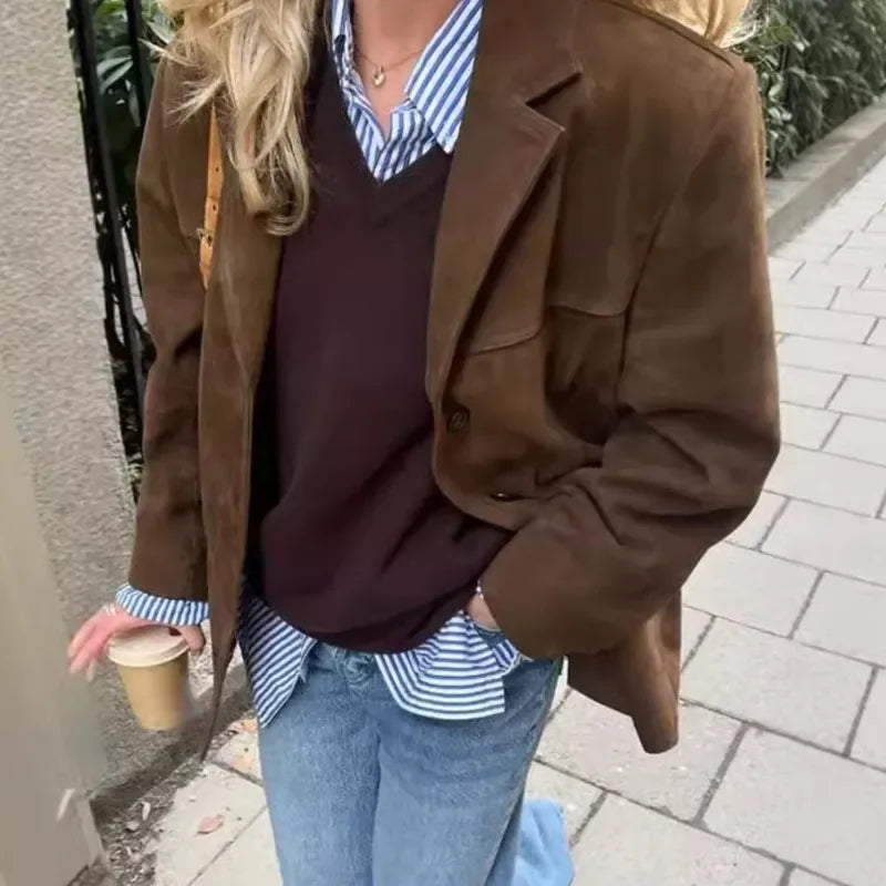 2024 Women's Autumn Coats Vintage Brown Suede Leather Women's Blazer Jacket Fashion Lapel Single Breasted Pocket Short Jacket - Elanique