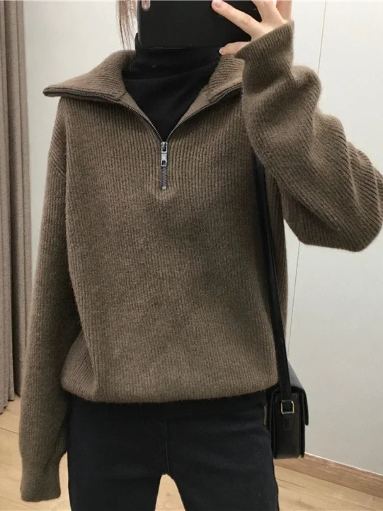 Women's Sweaters 2025 Autumn Winter Long Sleeve Top Loose Knitted Turtleneck Zipper Fashion Pullover Women Oversized Sweater