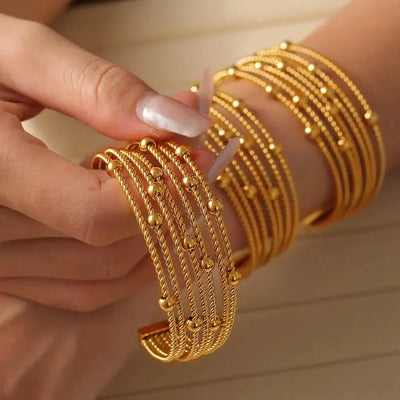 Statement Modern Luxury C Shape Stainless Steel Multi-Layers Gold Ball Beads Cuff Bracelet Bold Chunky Big Stack Bangles Jewelry