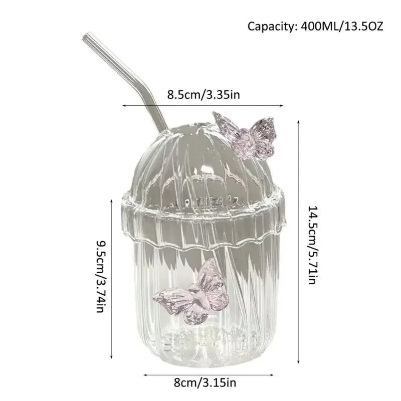 400ML Glass Cup with Lid and Straw, Butterfly Design Round Glass Drinkware, Multipurpose for Coffee, Milk, Cold Drinks, Juice