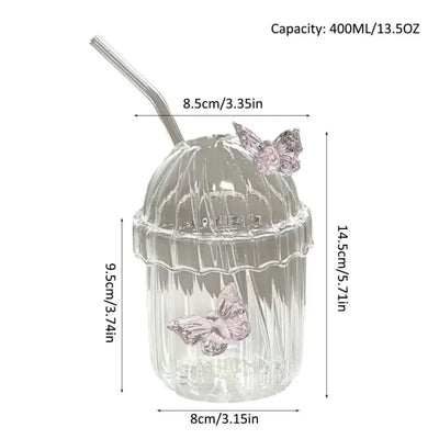 400ML Glass Cup with Lid and Straw, Butterfly Design Round Glass Drinkware, Multipurpose for Coffee, Milk, Cold Drinks, Juice