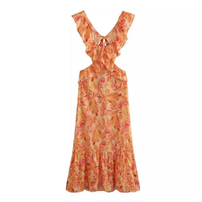 Slip Dress 2024 Summer Sleeveless Beach Style Ruffled Printing Vacation Fashion Women Casual Long Dress