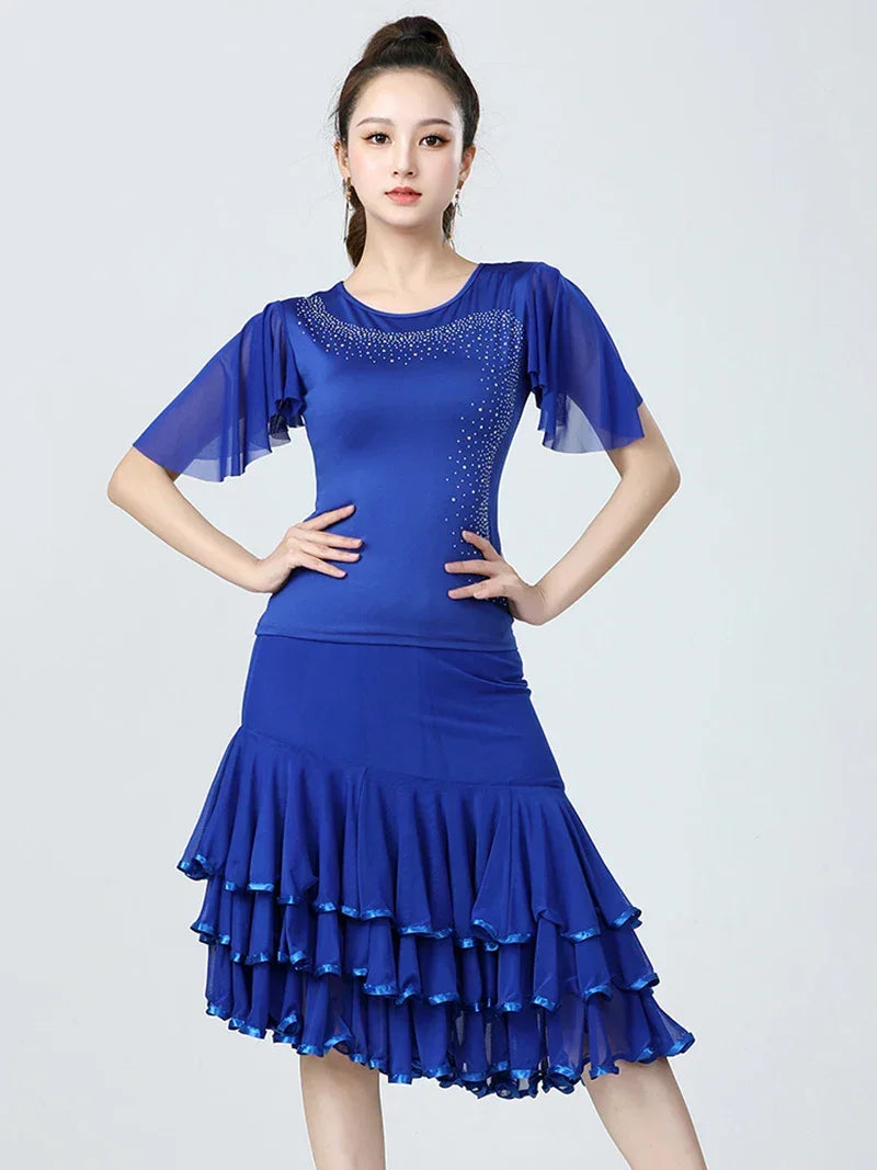 Adult Women Modern Dance Dress Social Dancewear Short Sleeve Mesh Fairy Top Large Swing Skirt Performance Dancing Costume