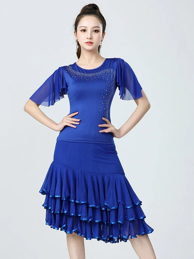 Adult Women Modern Dance Dress Social Dancewear Short Sleeve Mesh Fairy Top Large Swing Skirt Performance Dancing Costume